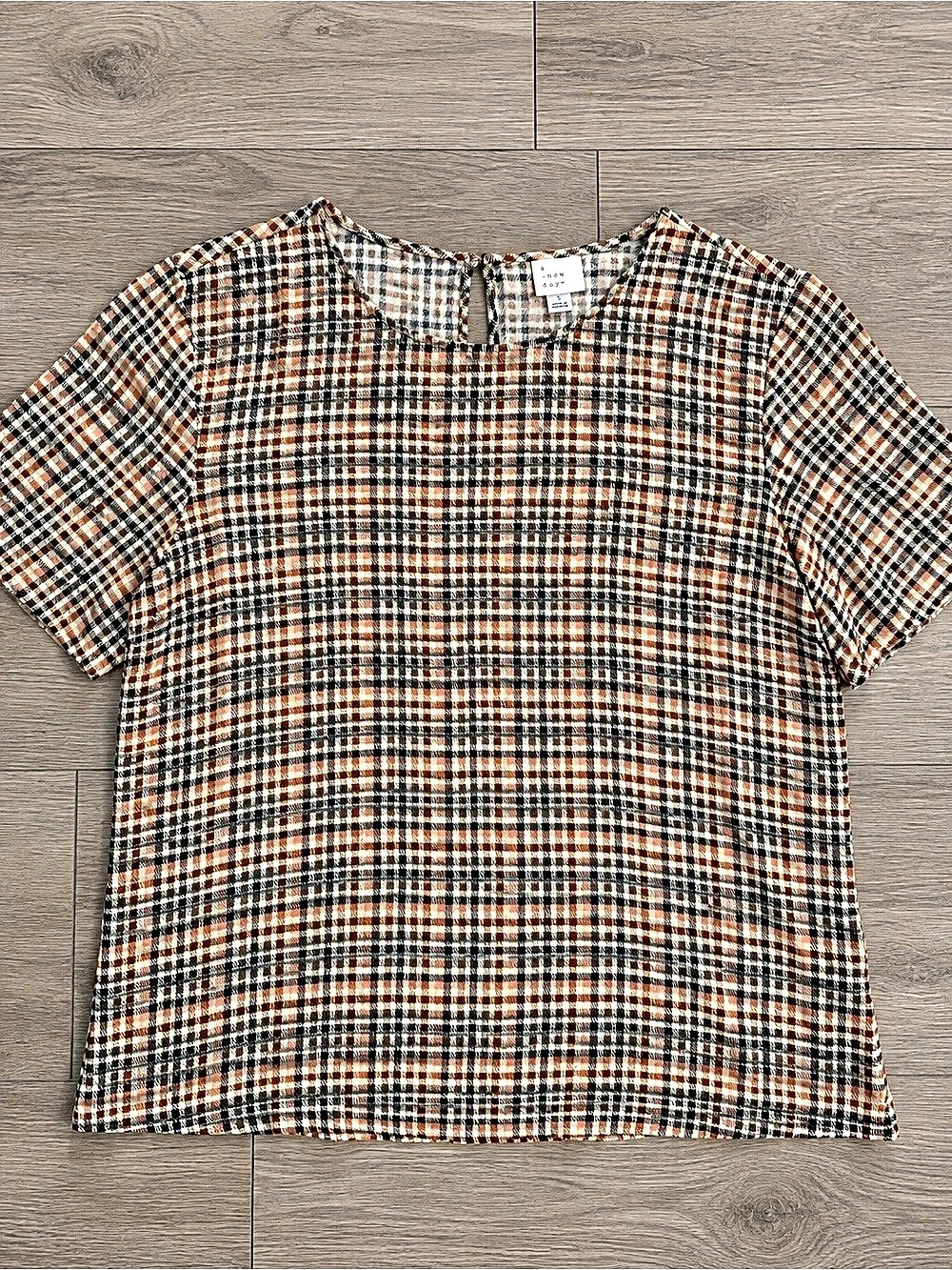 A New Day Plaid Short-Sleeve Blouse Brown & Black Medium
